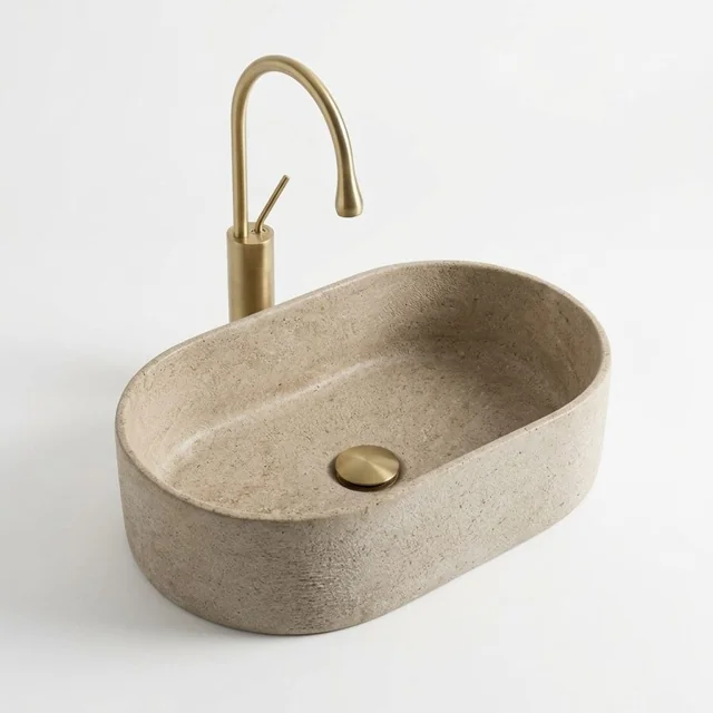 Stone-Look Oval Basin with Gold Tap