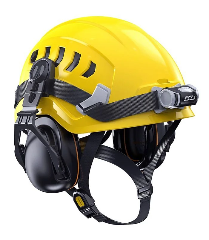 Yellow Safety Helmet with Earmuffs & Headlamp