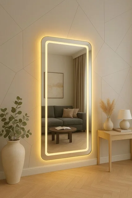 Backlit Circular Mirror with Wooden Slat Wall