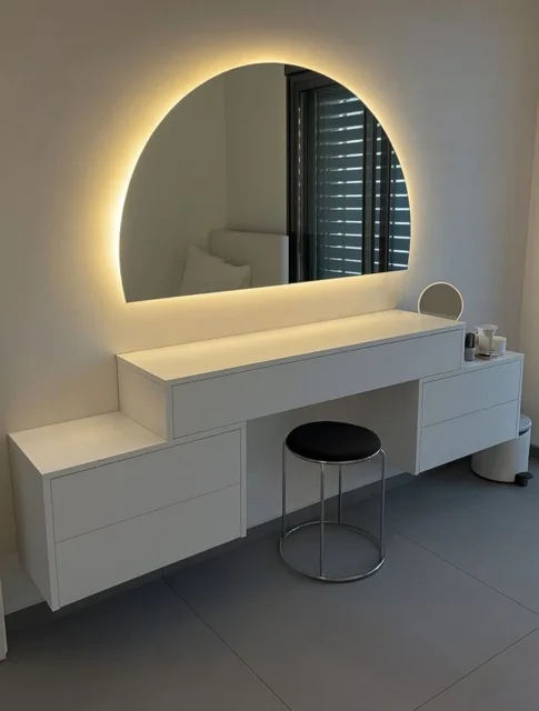Floating Vanity Desk with Backlit Half-Moon Mirror