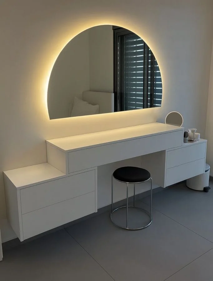 Floating Vanity Desk with Backlit Half-Moon Mirror
